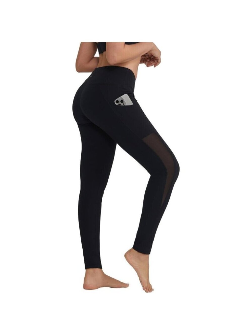 🆕Women’s Black Polyester Mesh Yoga Pants with Pockets Gym Workout Running
